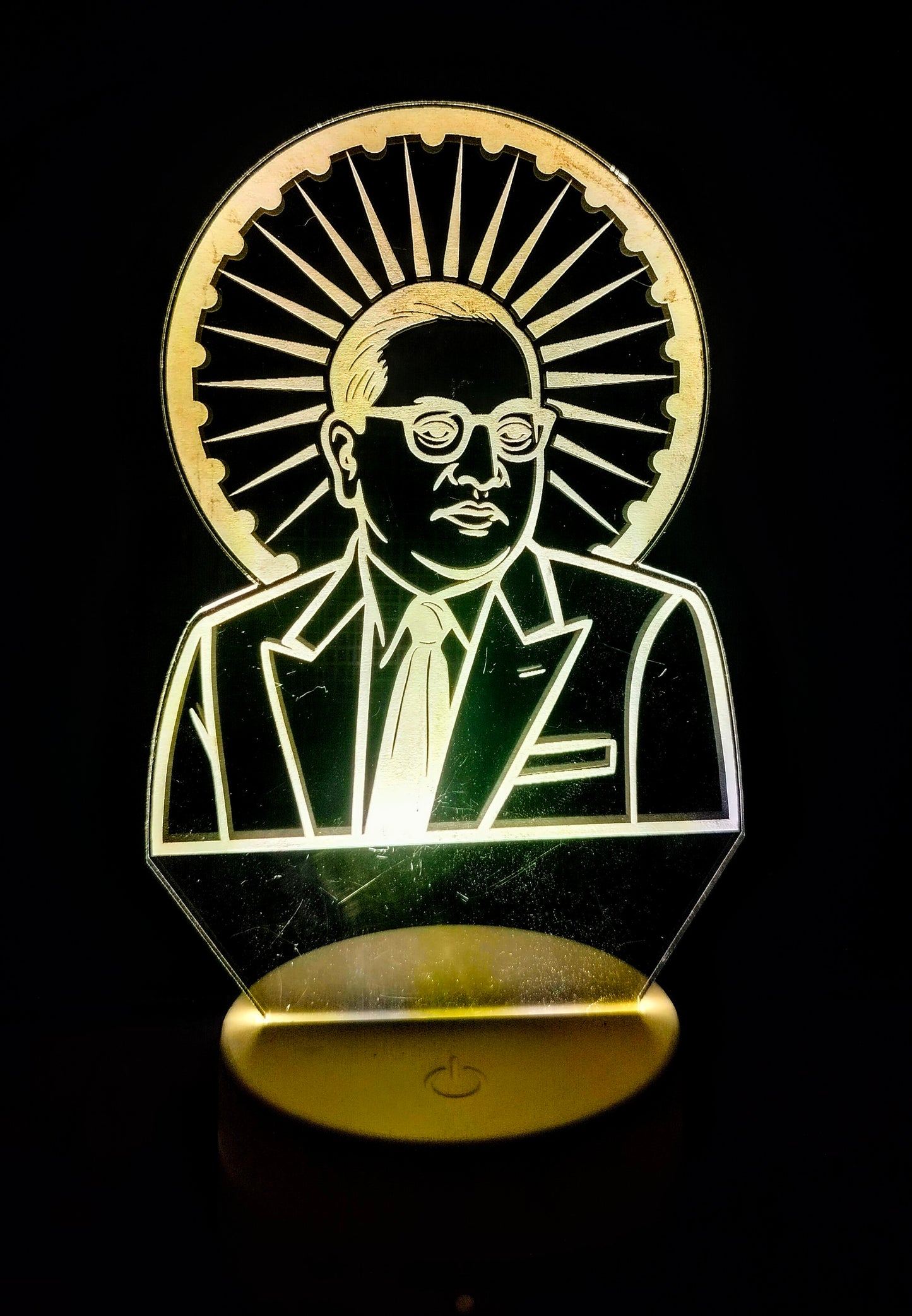 Babasaheb Ambedkar lamp placed on wooden table
Spiritual 3D LED lamp with Ashok Chakra on desk
Home decor portrait lamp of Dr. Ambedkar
Illuminated Ambedkar lamp for study room or shelf