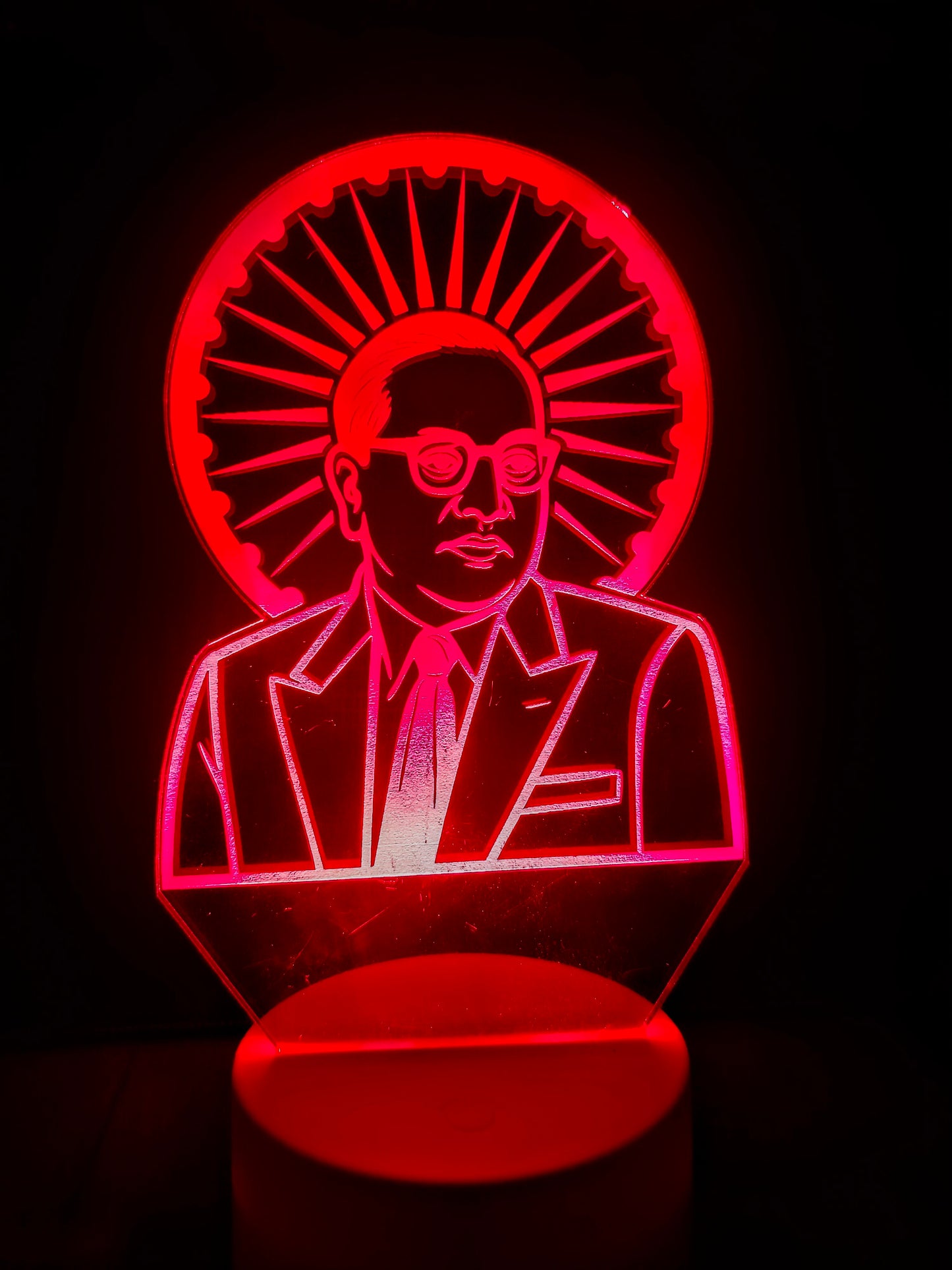Size chart of Dr. Ambedkar LED illusion lamp
Lamp dimensions of 3D Ambedkar portrait with chakra
Height and width of acrylic LED portrait lamp
Scale view of Ambedkar lamp with chakra design