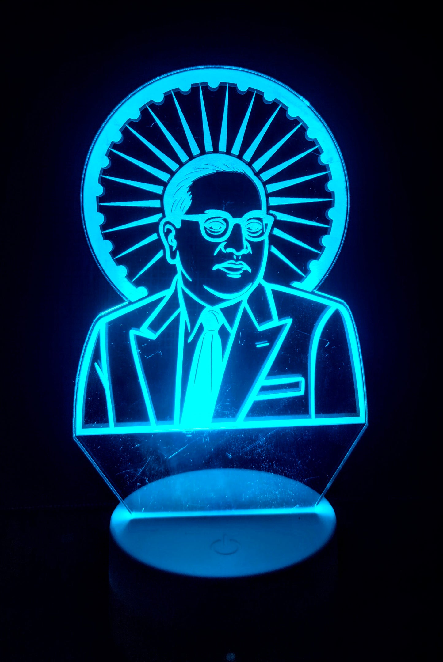 Side view of Babasaheb Ambedkar 3D illusion lamp
LED lamp showing Dr. Ambedkar with chakra from angle
Acrylic laser-etched Ambedkar lamp side view
Portrait lamp of Ambedkar viewed at angle
