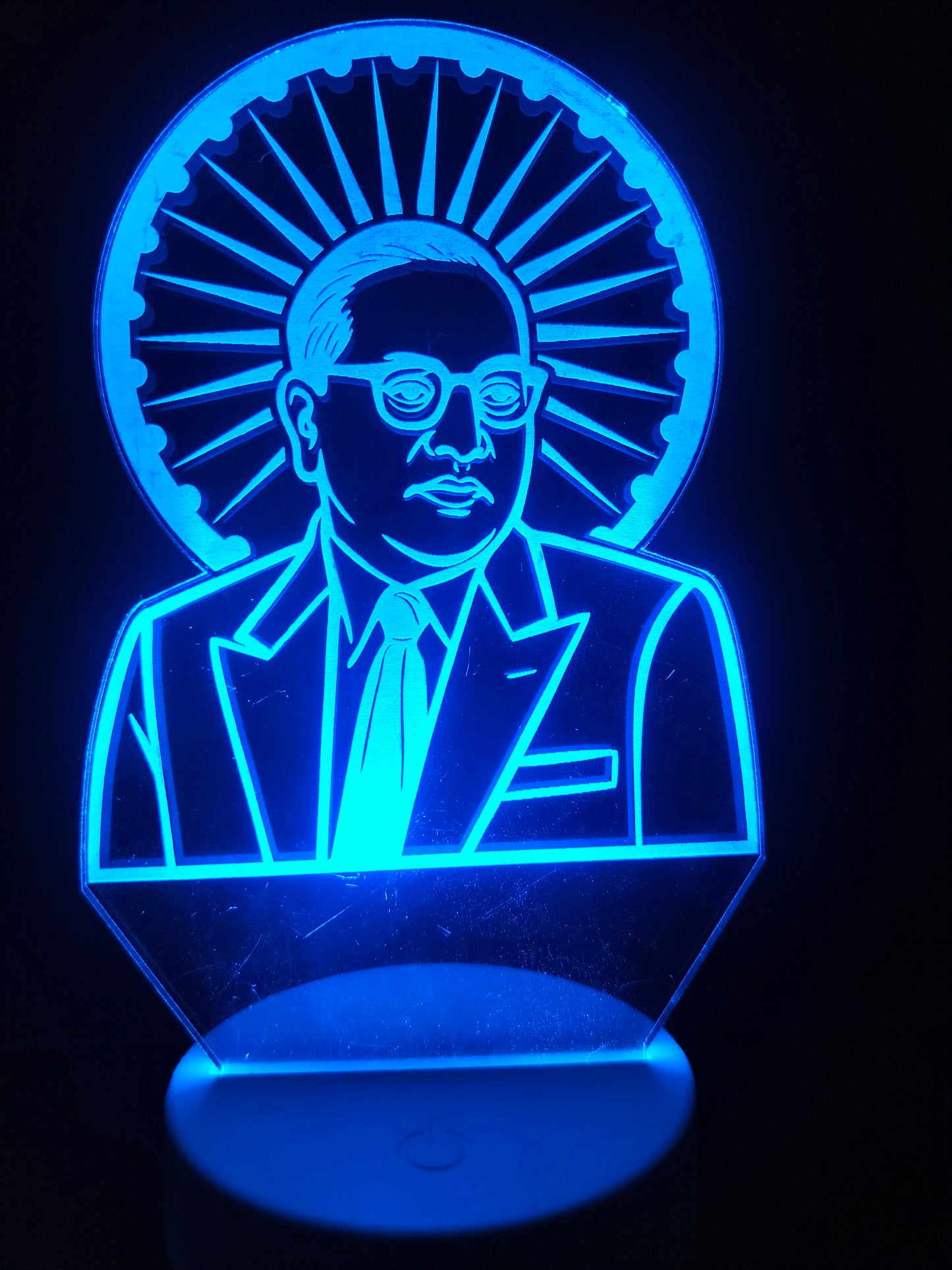 Dr. Babasaheb Ambedkar 3D LED portrait lamp glowing
Glowing acrylic lamp of Babasaheb Ambedkar with Ashok Chakra
Ambedkar 3D illusion light with chakra symbol
LED night lamp of Dr. Ambedkar and Indian Ashok Chakra