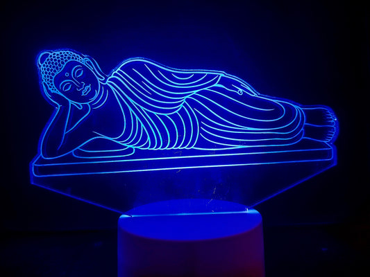 Side angle of LED reclining Buddha night lamp
Acrylic lamp of Buddha lying down from side
Side perspective of 3D Buddha illusion lamp
Laser-engraved side view of Buddha lamp