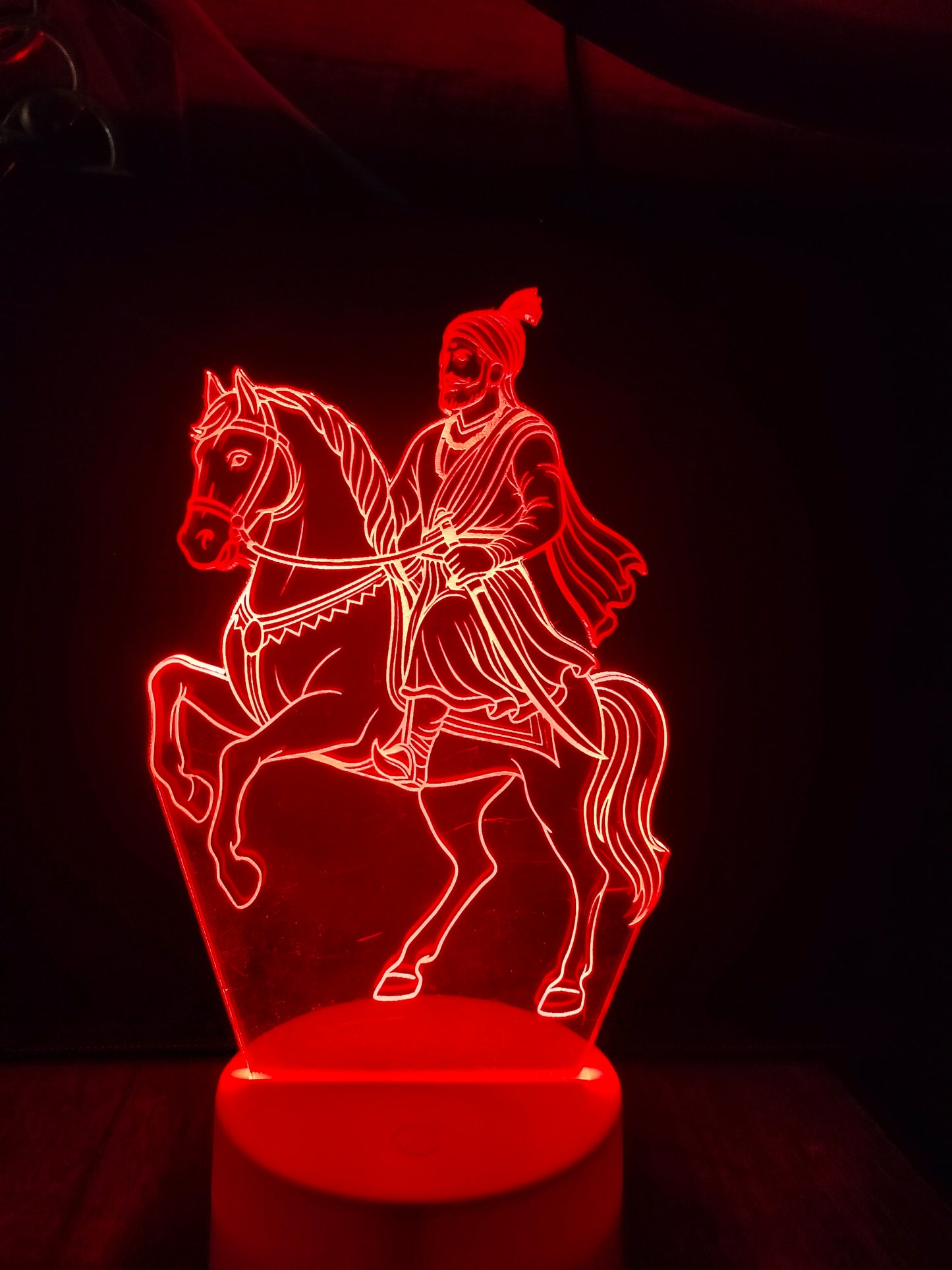 Size chart of Shivaji Maharaj LED lamp
Product dimensions shown for 3D night light
Lamp measurements for acrylic warrior light
Height and width of Shivaji lamp displayed