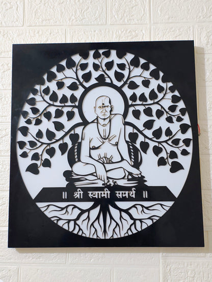 Artistic depiction of a seated figure with tree-like design on a black 
background
Home temple LED wall hanging of Swami Samarth
Swami Samarth spiritual lighting décor for home
Acrylic black laser cut LED spiritual wall frame
Swami Samarth pooja room backlit wall art
Handmade spiritual LED hanging frame India
Glow X Art Swami Samarth premium wall light
Housewarming gift Swami Samarth LED frame