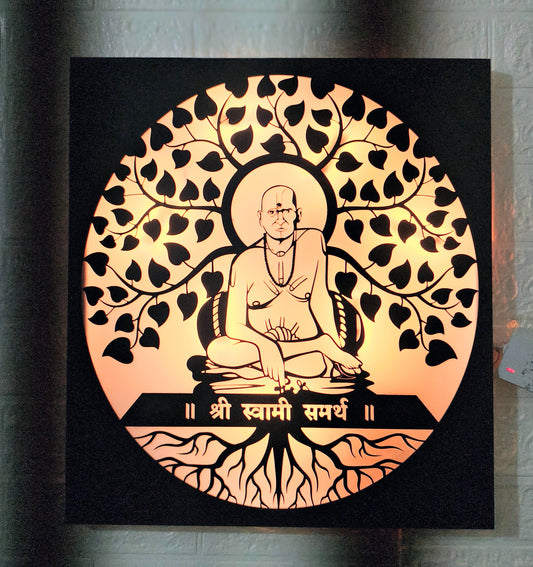 Decorative wall art with a seated figure and tree design on a black  background Shri Swami Samarth LED wall hanging 16 inch design

Swami Samarth backlit acrylic wall art by Glow X Art

Warm LED spiritual wall frame of Swami Samarth

Laser cut Swami Samarth wall décor with LED light

Divine Swami Samarth acrylic silhouette lamp

Home temple LED wall hanging of Swami Samarth
