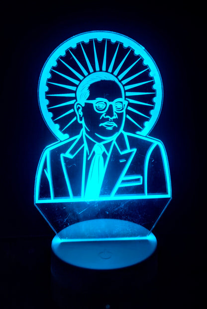 Side view of Babasaheb Ambedkar 3D illusion lamp

LED lamp showing Dr. Ambedkar with chakra from angle

Acrylic laser-etched Ambedkar lamp side view

Portrait lamp of Ambedkar viewed at angle