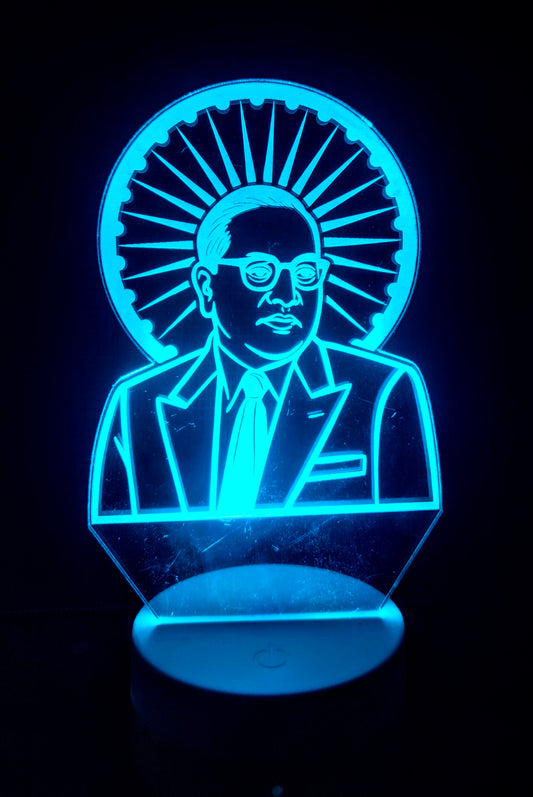 Side view of Babasaheb Ambedkar 3D illusion lamp

LED lamp showing Dr. Ambedkar with chakra from angle

Acrylic laser-etched Ambedkar lamp side view

Portrait lamp of Ambedkar viewed at angle