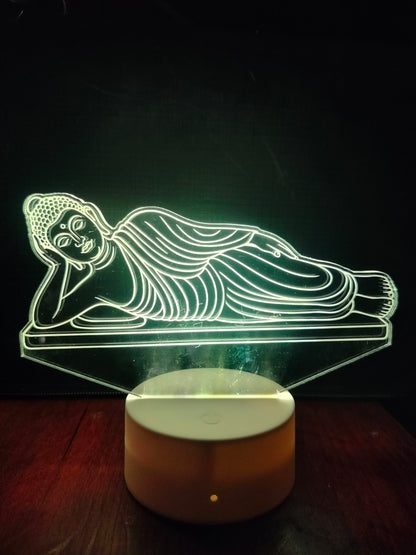 Close-up of Reclining Buddha face in LED lamp

Engraved face detail of Buddha in sleeping pose

Acrylic Buddha lamp showing peaceful facial features

Detailed face view of reclining Buddha in light