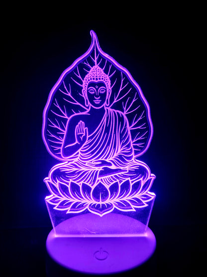 Buddha lamp glowing softly in dim room

LED spiritual lamp creating peaceful ambiance

Meditative environment with Buddha under tree

Night light of Gautam Buddha in calm setting