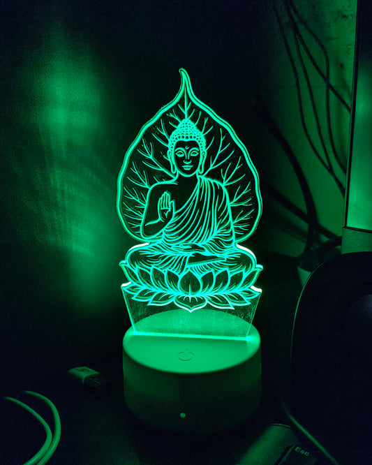 Gautam Buddha 3D LED illusion lamp for home decor, perfect spiritual gift for meditation and relaxation, elegant acrylic LED lamp glowing softly ideal for living room decor and thoughtful gifting, peaceful Buddha night lamp for home and office, unique gift idea for yoga enthusiasts, decorative 3D Buddha LED lamp for calming ambiance and meaningful gifts, Glow X Art Buddha lamp great for meditation corners and festive gifting, laser-cut Gautam Buddha LED lamp perfect for spiritual home decoration and gifting